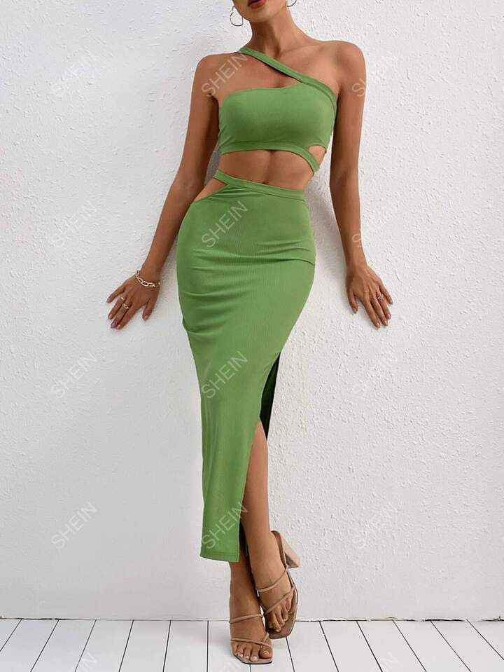 SHEIN Glamour One Shoulder Cut Out Top & Split Thigh Skirt | SHEIN