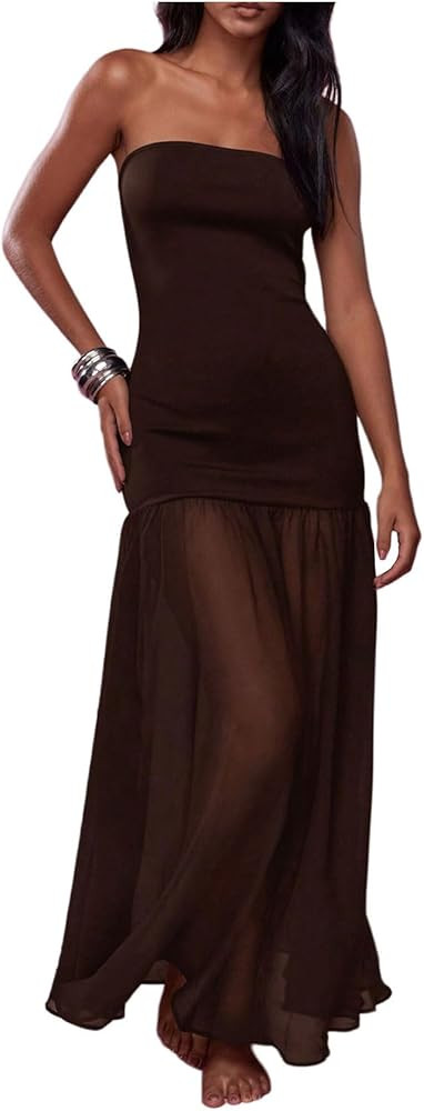 GORGLITTER Women's Strapless Mesh Maxi Dress Sexy Backless Bodycon Party Cocktail Tube Top Dresse... | Amazon (US)