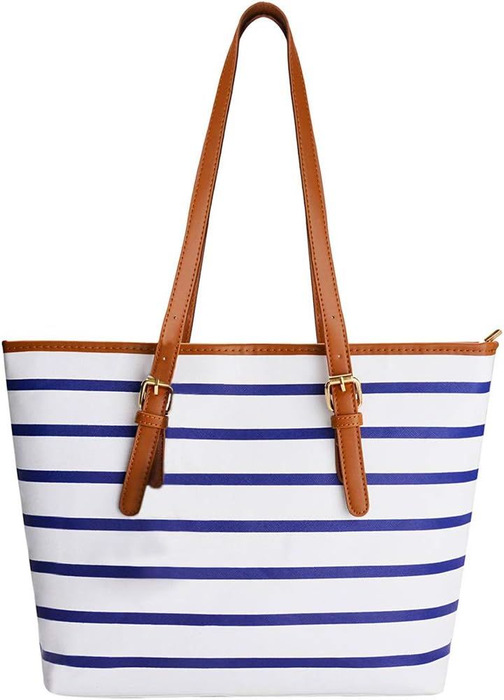 Tote Bag Tote Handbag Tote Purse Stripes Top Handle Bag Satchel Handbag Shoulder Bag PU Leather P... | Amazon (US)