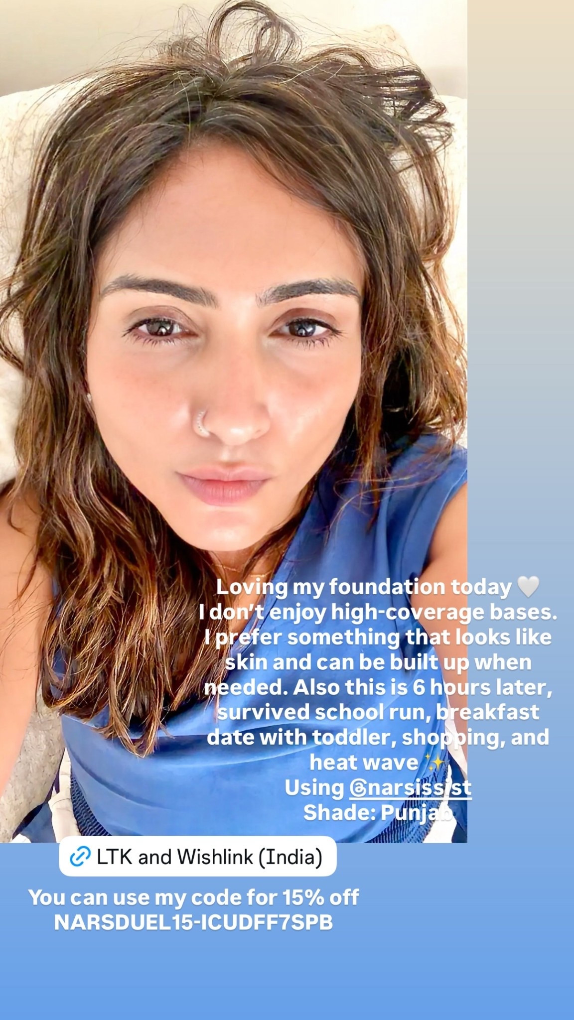 Loving my foundation today 🤍
I don’t enjoy high-coverage bases.
I prefer something that looks like skin and can be built up when needed. Also this is 6 hours later, survived school run, breakfast date with toddler, shopping, and heat wave ✨ 
Using @narsissist 
Shade: Punjab You can use my code for 15% off NARSDUEL15-ICUDFF7SPB