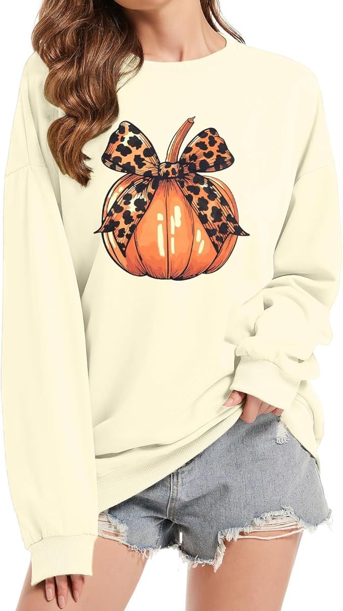 JINTING Halloween Pumpkin Sweatshirt Womens Coquette Bow Sweater Fall Yall Sleeve Tops | Amazon (US)