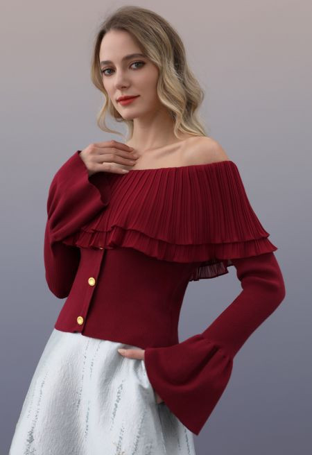 Off-Shoulder Double-Layered Pleated Spliced Knit Top in Red | Chicwish