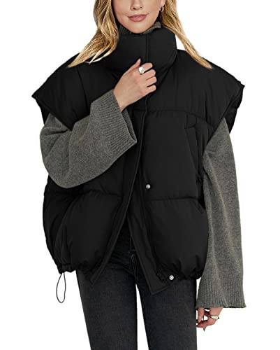 Veatzaer Womens Oversized Puffer Vest Outerwear Stand Collar Drawstring Hem Sleeveless Jackets Zip Warm Winter Coats | Amazon (US)
