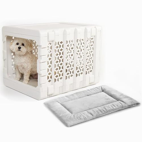 KindTail Pawd Fully Collapsible Small Plastic Dog Crate and Washable Dog Bed, Stylish Portable Dog Crate and Crate Pad for Pet Travel, Pet Kennel with Dog Bed or Cat Bed (Medium White Set) | Amazon (US)