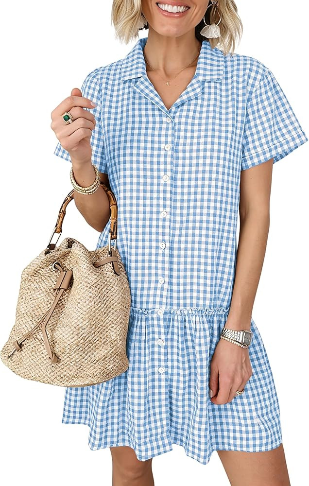 Daacee Women Cotton Gingham Shirt Dress Short Sleeve Button Down Ruffled Babydoll Plaid Dresses S... | Amazon (US)