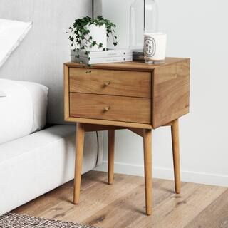 Nathan James Harper Mid-Century Brown Oak Wood Nightstand with 2-Drawers Small Side Table or End ... | The Home Depot