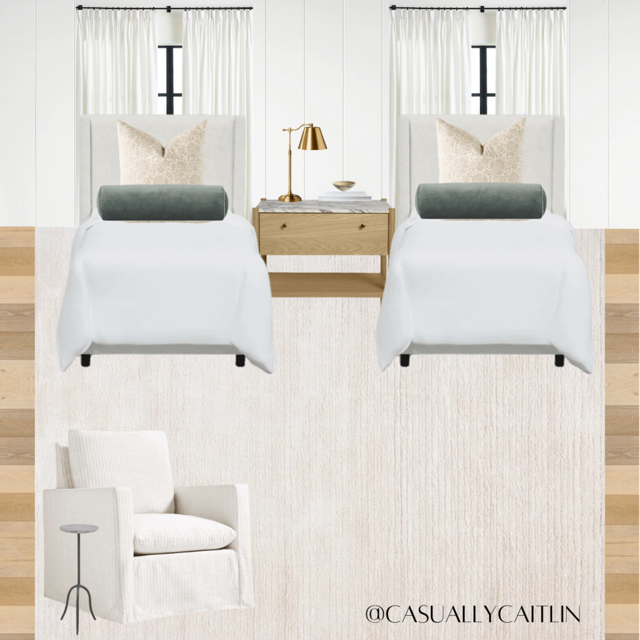 Modern coastal shared kids bedroom design 🤍

Kids bedroom, modern kids bedroom, twin beds, upholstered bed, area rug, kids room rug, blue throw pillow, beige throw pillow, pillows for bed, wood nightstand with marble top, gold table lamp, accent chair, accent table, nancy meyers aesthetic 

#LTKSeasonal #LTKHome #LTKStyleTip