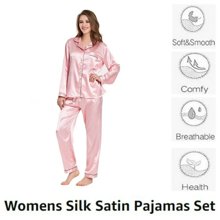 Silk Satin Pajama Sets for Women Long Sleeve Button Down Pajama Set 2 Piece Sleepwear for Women, ... | Walmart (US)