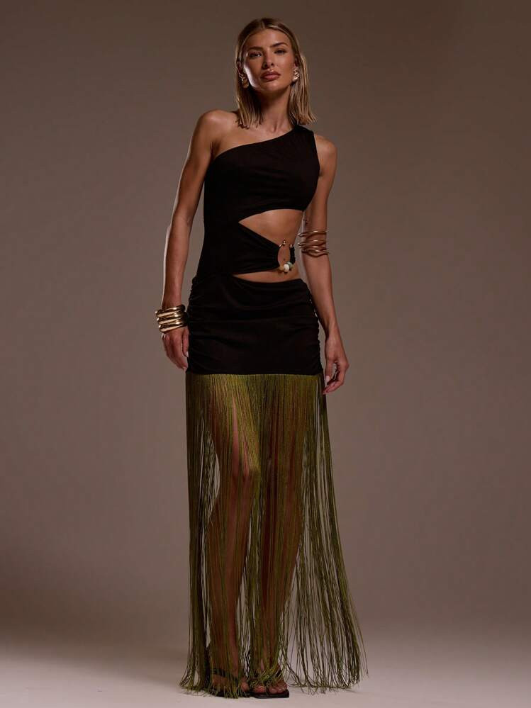 MUSERA One Shoulder Waist Cut Out Detail Fringe Hem Maxi Dress Ibiza Fits Holiday Vacation Sexy Beach Romantic Elegant Occasion Birthday Boho Rafia Fall Summer Outfit Long Dress | SHEIN