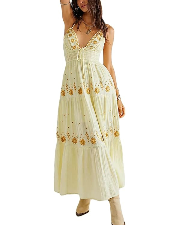 Argeousgor Boho Flowy Maxi Dress for Women Spaghetti Strap Open Back Embroidered Tiered Swing Sum... | Amazon (US)