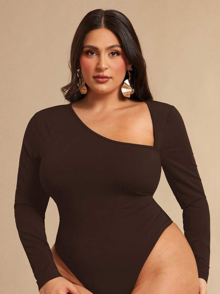 SHEIN BAE Valentine Plus Size Women's Asymmetric Collar Long Sleeve Bodysuit, Wine Red Winter | SHEIN