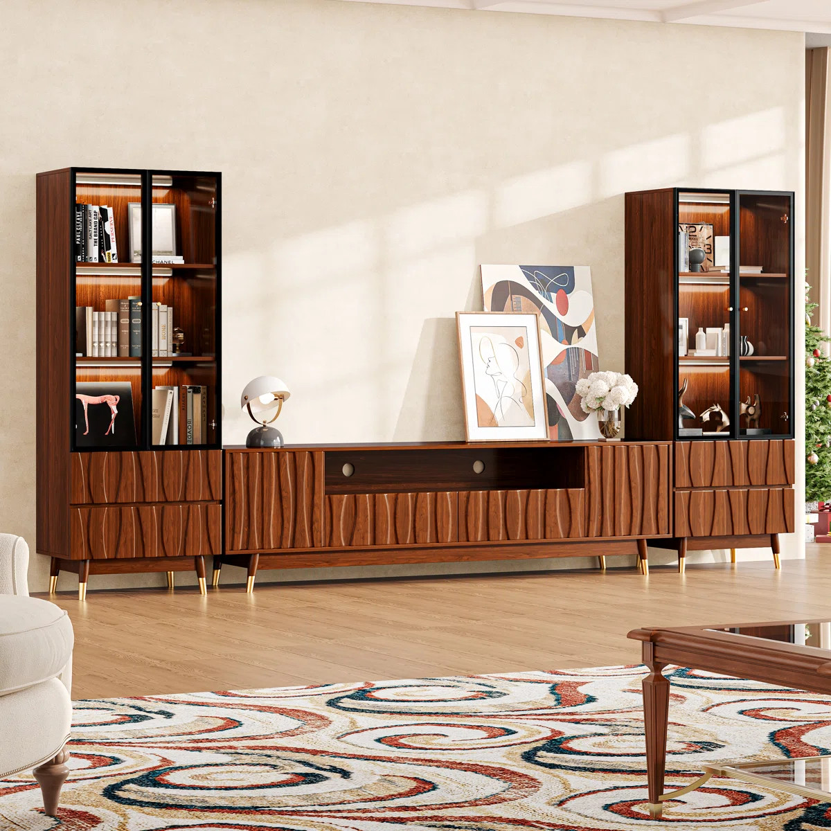 125.9'' Walnut Finish Entertainment Center for TVs up to 75", Mid-century Modern Wood Media Conso... | Wayfair North America
