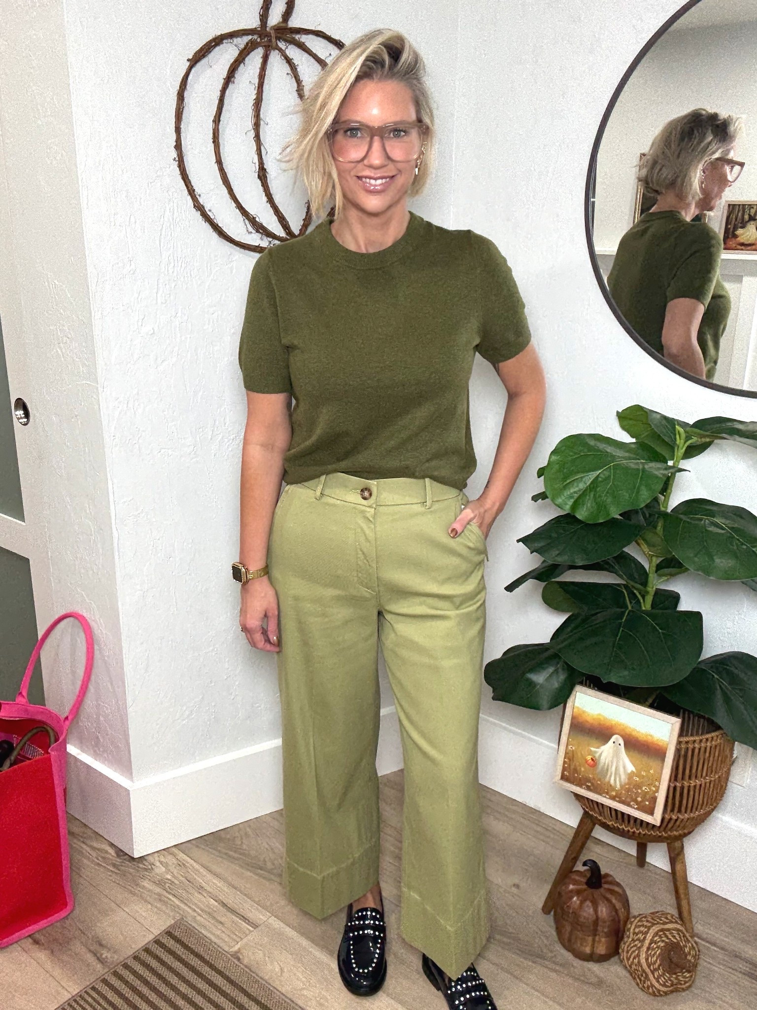 Monochromatic is such a great way to pull together an outfit when you’re feeling in a rut. 

This green short sleeve sweater is from Target. I’m wearing a medium. There’s also a coordinating skirt as well. 

My favorite twill pants from Spanx are on super sale!! They’re $35 down from $128!! I’m wearing a medium. The cropped wide leg is such a fun look, and the slimming panel and zippered pockets are a nice added touch. 
Use code EXTRA30 to get the extra 30% 

My studded Navy Blue Loafers are from Walmart. 

#LTKOver40 #LTKStyleTip #LTKFindsUnder50
