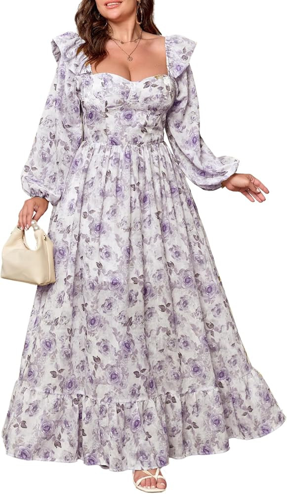 Women's Floral Puff Long Sleeve Maxi Dress Sexy Sweetheart Corset Boho Chiffon Flowy Smocked Long... | Amazon (US)