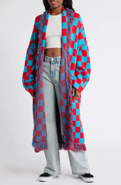 Dressed in Lala Luxe Fringe Blanket Cardigan in Red/Blue at Nordstrom, Size Small | Nordstrom