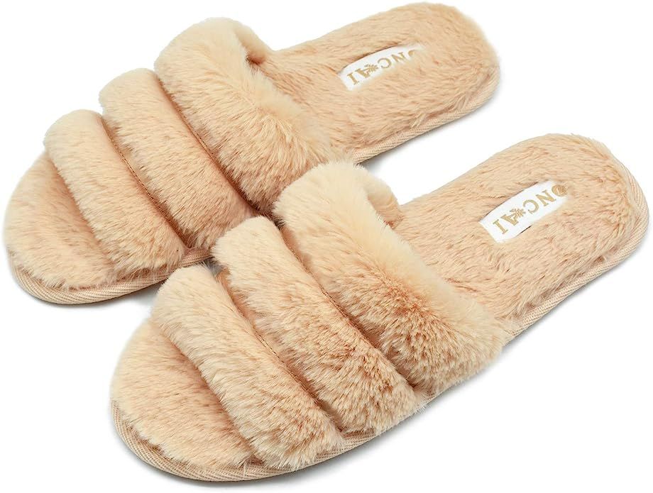 ONCAI Slides-for-Women-Fuzzy-Women’s-Fluffy-House-Slippers Slip-on Soft Faux Fur Slippers for W... | Amazon (US)