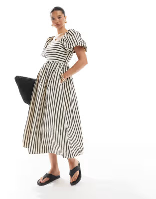 New Look puff sleeve milkmaid midi dress in cream stripe | ASOS (Global)