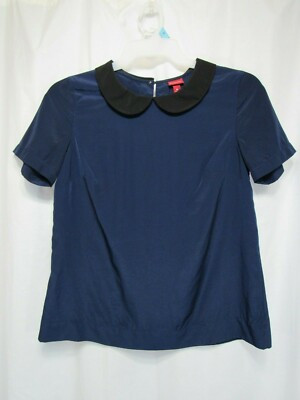 Merona Top Size M Blue Pull Over Short Sleeve Black Collar Button Casual Career | eBay US