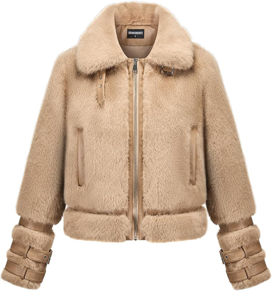 GRAN ORIENTE Womens Belted Winter Faux Fur Coats, Cropped Fuzzy Cuff Furry Zipper Up Warm Jackets... | Amazon (US)