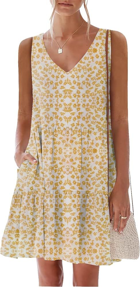 nclook Women's Summer Casual Dress Sweet & Cute V-Neck Mini Dress with Pocket Sleeveless Dress | Amazon (US)