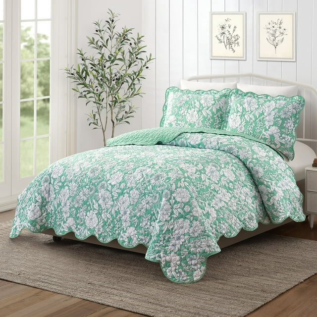 Mainstays Green Floral 3-Piece Quilt Set, King | Walmart (US)