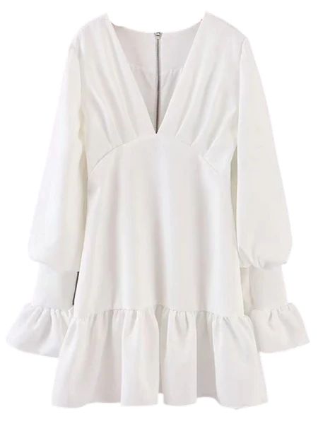 'Layla' Low Cut Long Sleeves White Mini Dress | Goodnight Macaroon