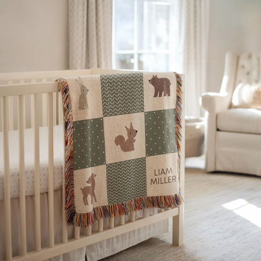 Personalized Baby Blanket Boy Woodland Forest Animal Woven Blanket Custom Baby Name Blanket Baby ... | Etsy (US)
