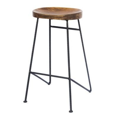 Wooden Saddle Seat Barstool with Iron Rod Legs Brown/Black - The Urban Port | Target