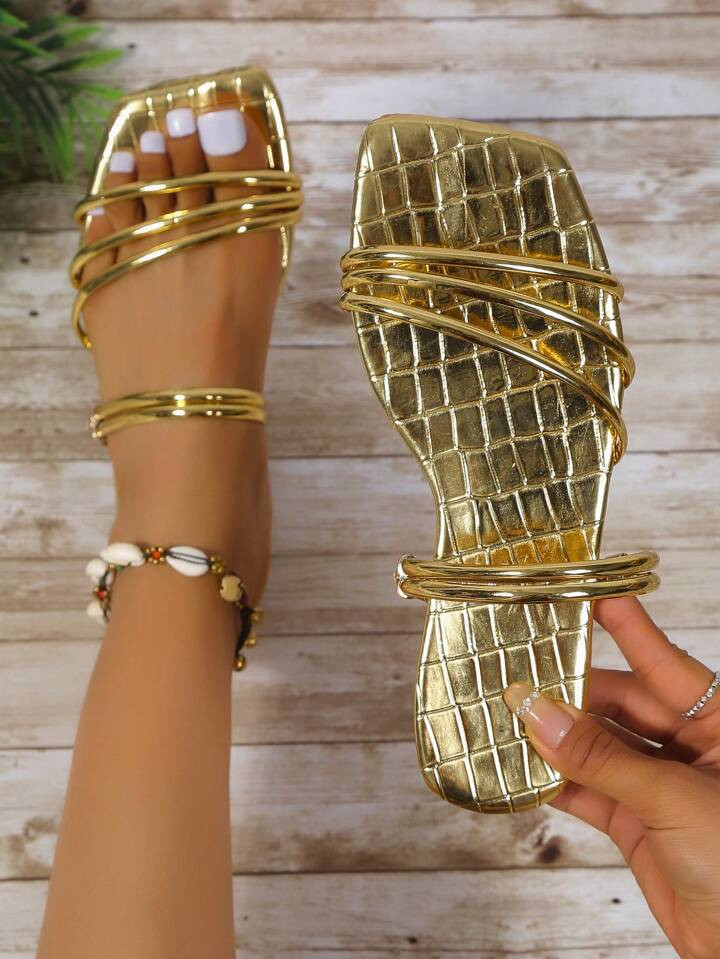 Glamorous Gold Sandals For Women, Metallic Crocodile Embossed Slide Sandals | SHEIN