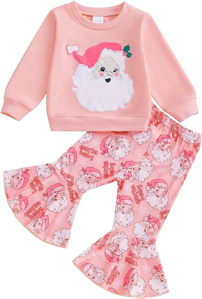 Adobabirl Toddler Baby Girl Christmas Outfit Santa Embroidery Crewneck Sweatshirt and Flare Pants... | Amazon (US)