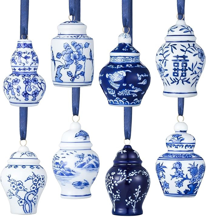 BBTO 8 Pcs Mini Chinoiserie Porcelain Hanging Decorations Blue and White Ceramic Tree Pendant Orn... | Amazon (US)