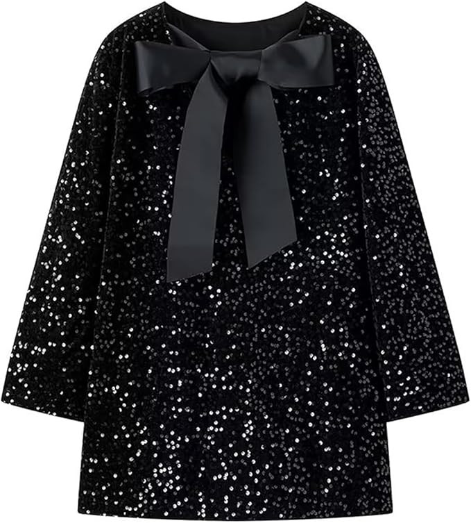 MINIDORA Women's Sequined Sparkly Party Dresses Ribbon Long Sleeved Club Night Out Mini Dresses | Amazon (US)