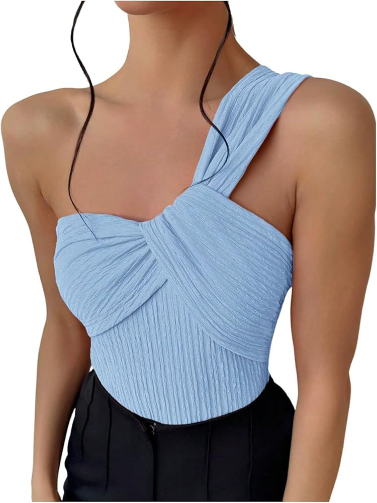 OYOANGLE Women's Textured One Shoulder Twist Front Ruched Bodysuit Sleeveless Tank Top Body Suits | Amazon (US)