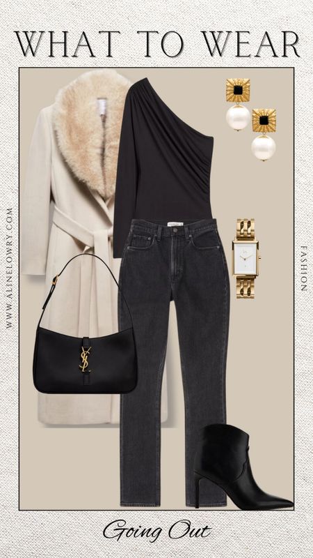 What to wear - going out outfit. Black jeans, one shoulder top, furry trench coat, black bootie. For a night out, date night, happy hour… 

#LTKSeasonal #LTKstyletip #LTKfindsunder100