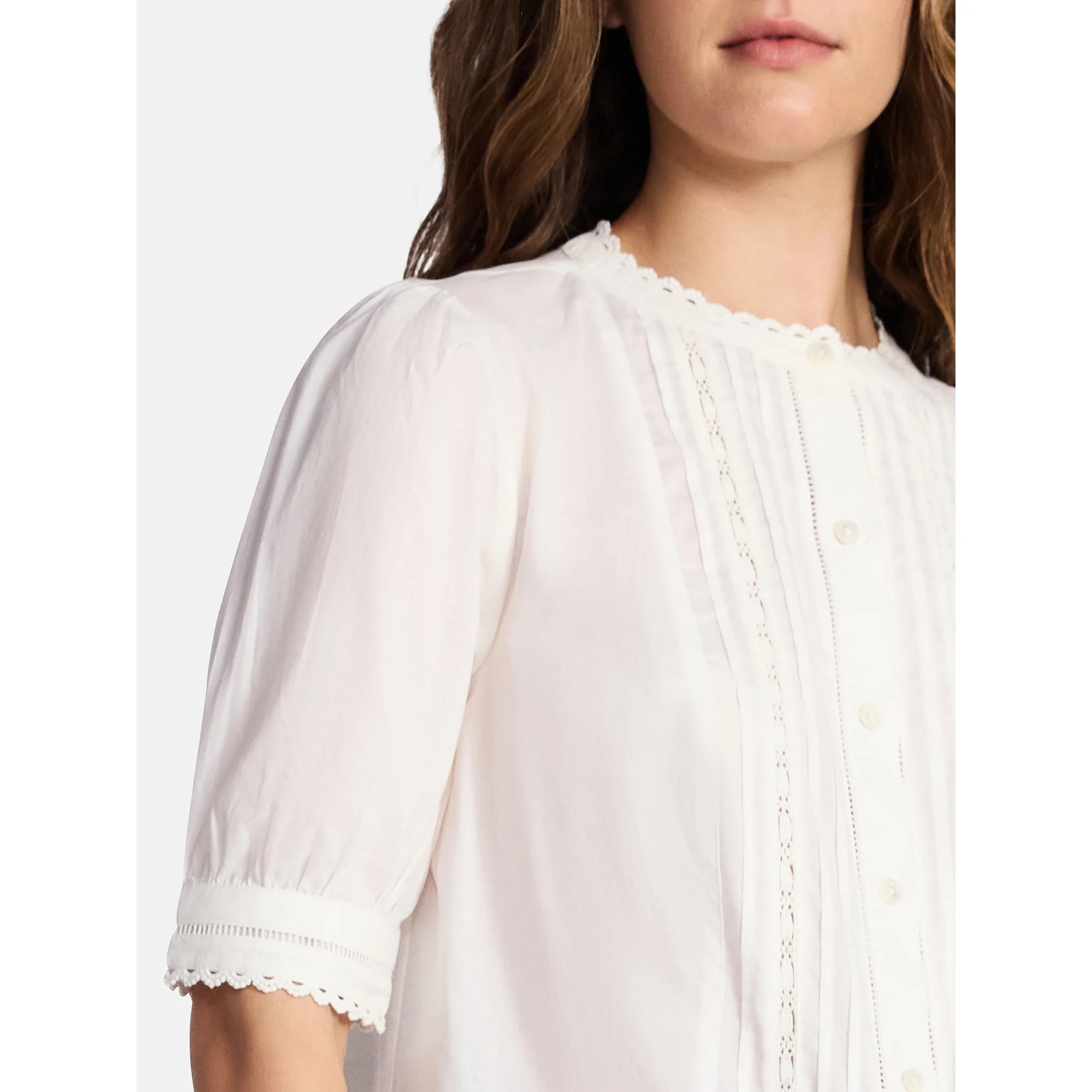 Time and Tru Women's and Women's Plus Cotton Lace Inset Blouse with Elbow Length Sleeves, Sizes X... | Walmart (US)