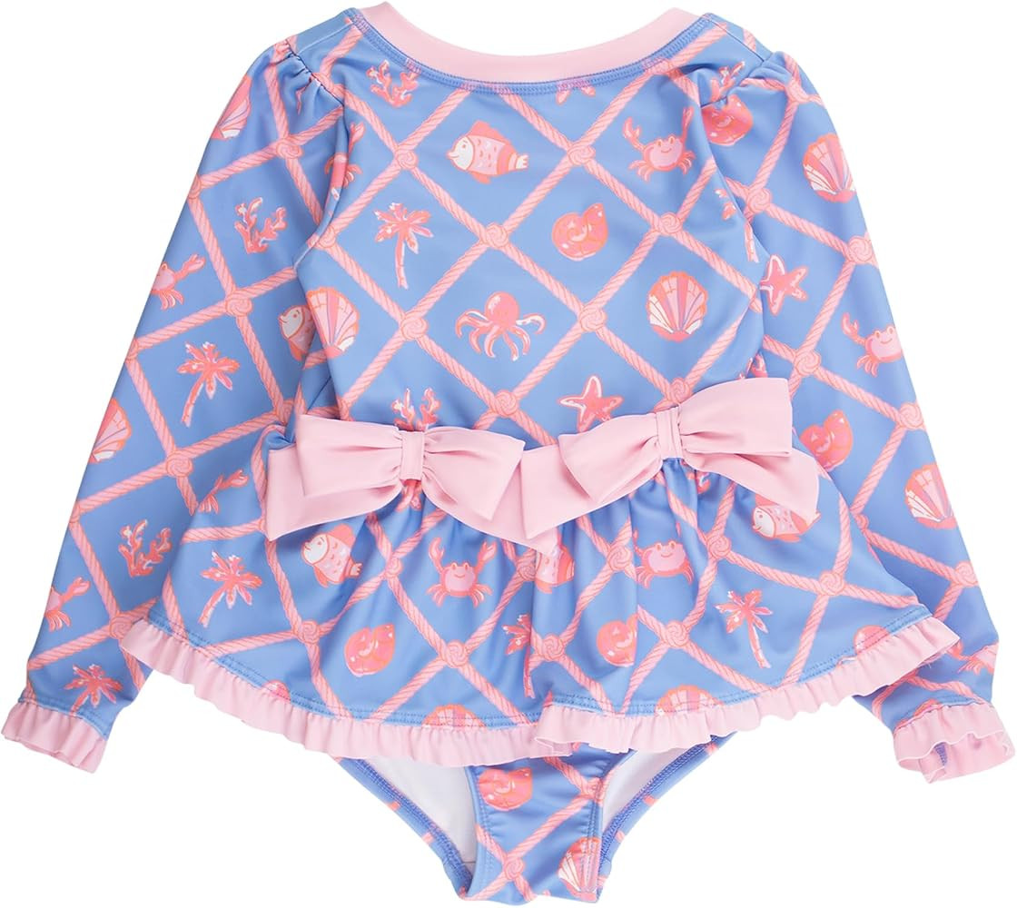 RuffleButts Girls UPF50+ Long Sleeve One Piece Bow Peplum Rash Guard Swimsuit | Amazon (US)