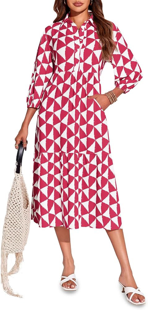 Wenrine Womens Boho Midi Dress Long Sleeve Casual Color Block Beach Button Down Shirt Dress | Amazon (US)