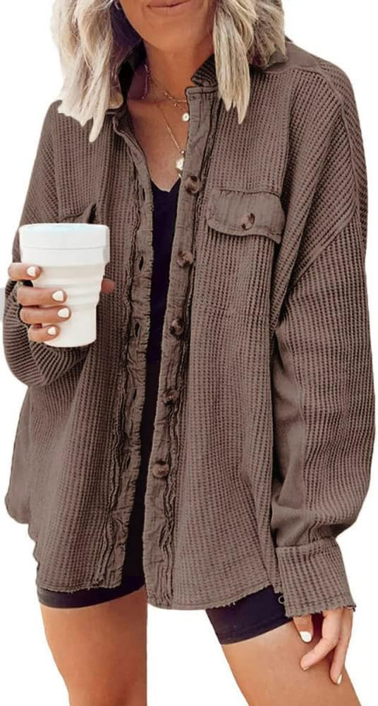 utcoco Women's Casual Waffle Knit Shacket Jacket Loose Fit Long Sleeve Button Down Shirt Shacket ... | Amazon (US)