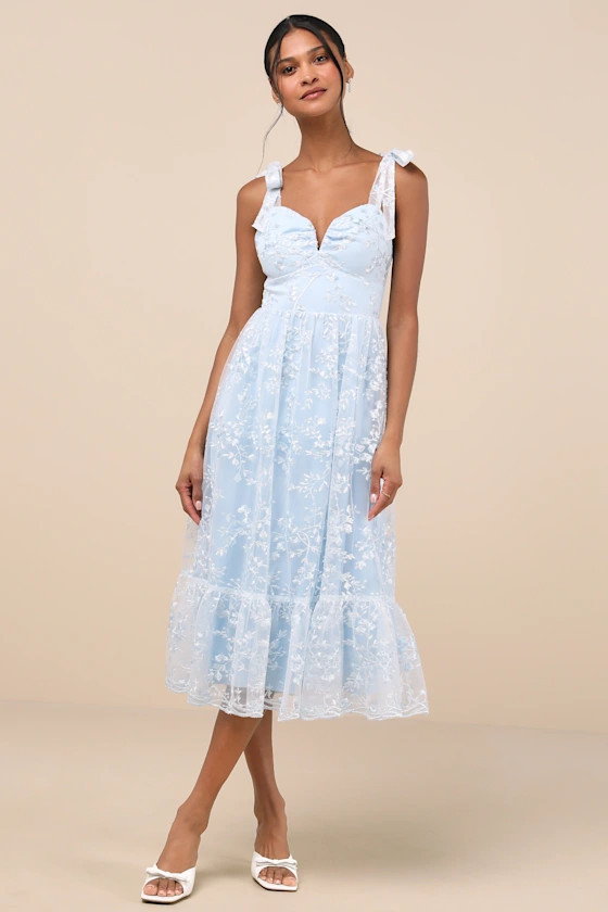 Distinctly Sweet Blue Floral Embroidered Tie-Strap Midi Dress | Lulus