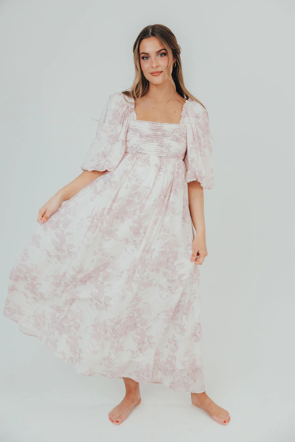 Melody Maxi Dress with Pleats and Bow Detail in Pink Toile - Bump Frie | Worth Collective