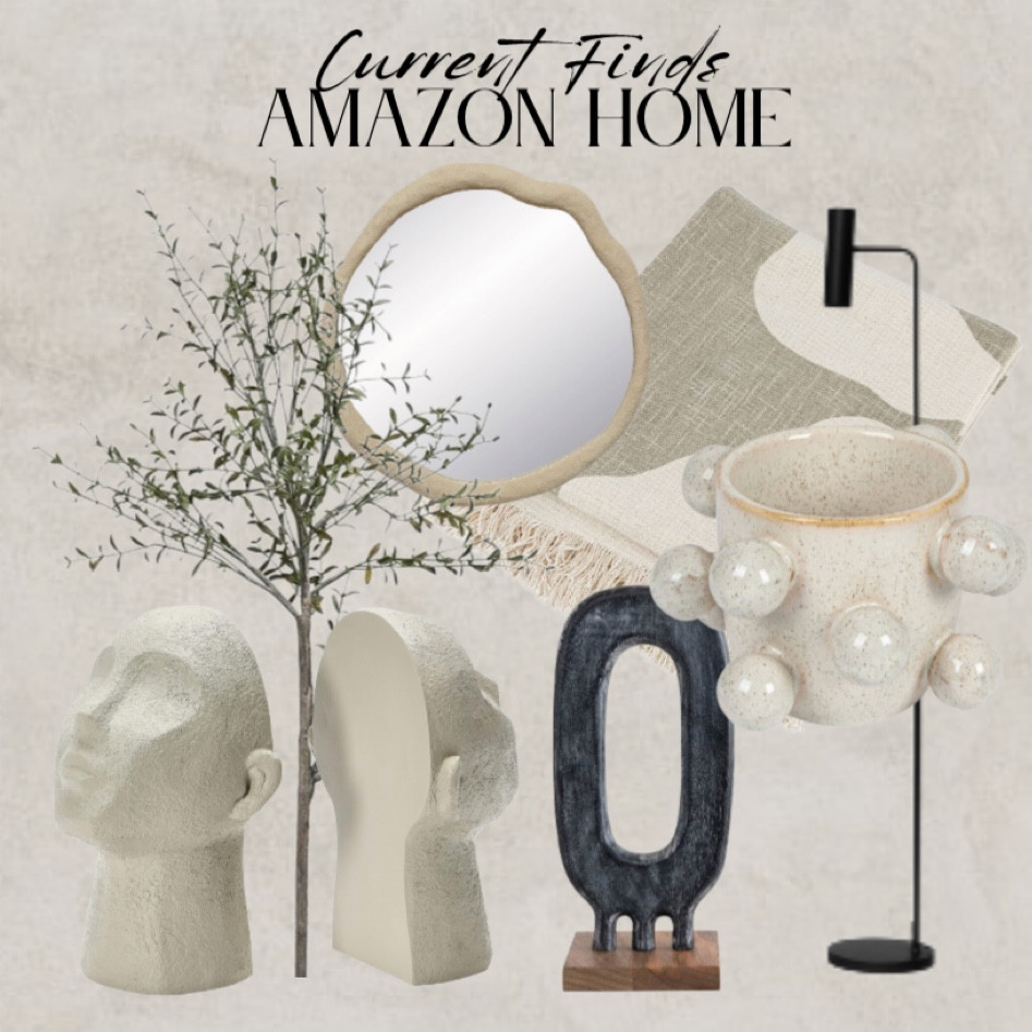 Amazon home finds, organic shaped sand mirror, round textured mirror, black minimal floor lamp, throw blanket, vase with bulbs, bubble vase, bubble bowl, stone head bookends, stone bookends, faux thyme tree artificial tree, black oval sculpture, wood and stone sculpture, organic modern decor, home decor #amazon

#LTKfindsunder50 #LTKhome #LTKsalealert