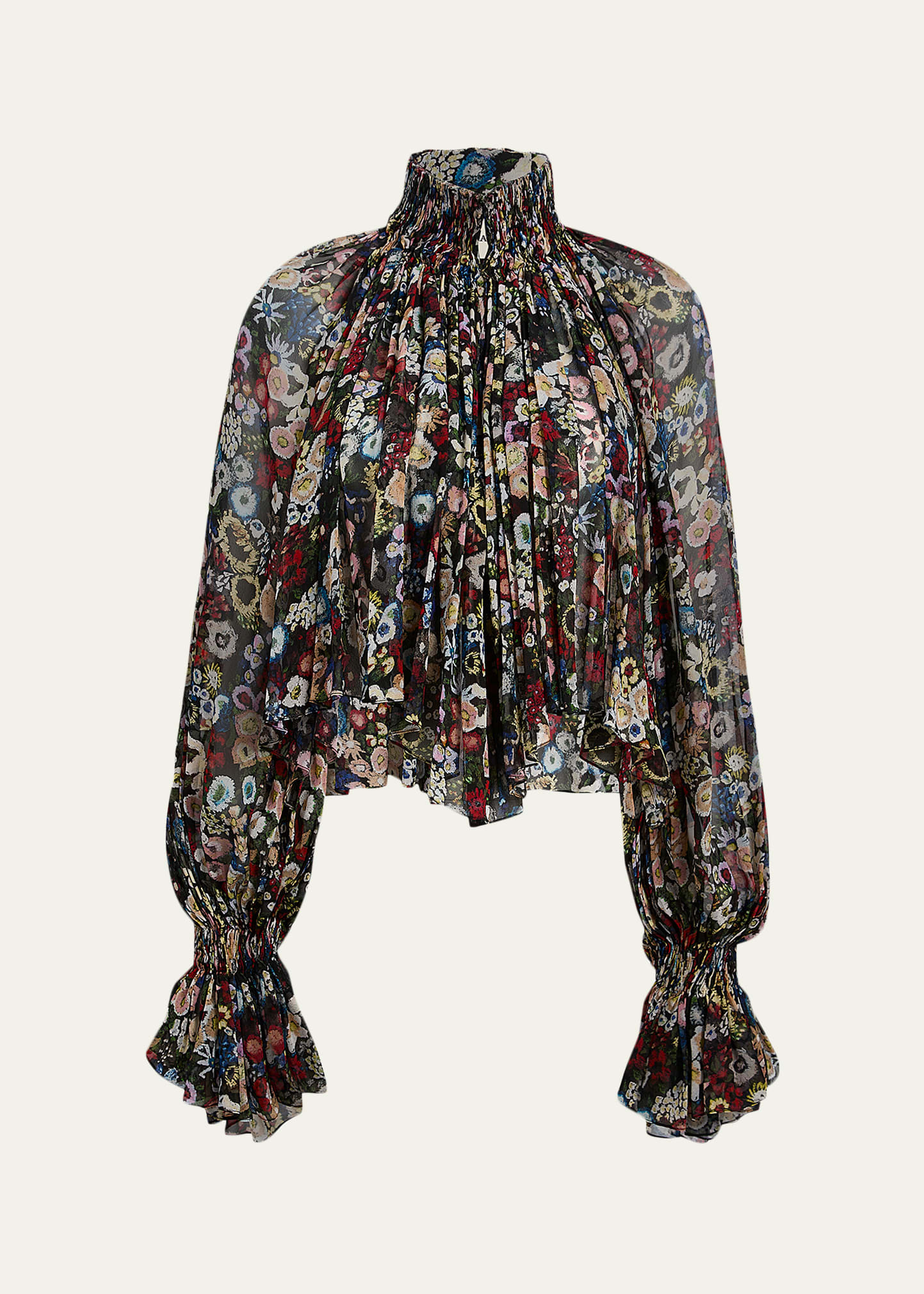 Khaite Durer Floral Silk Balloon-Sleeve Peasant Top | Bergdorf Goodman