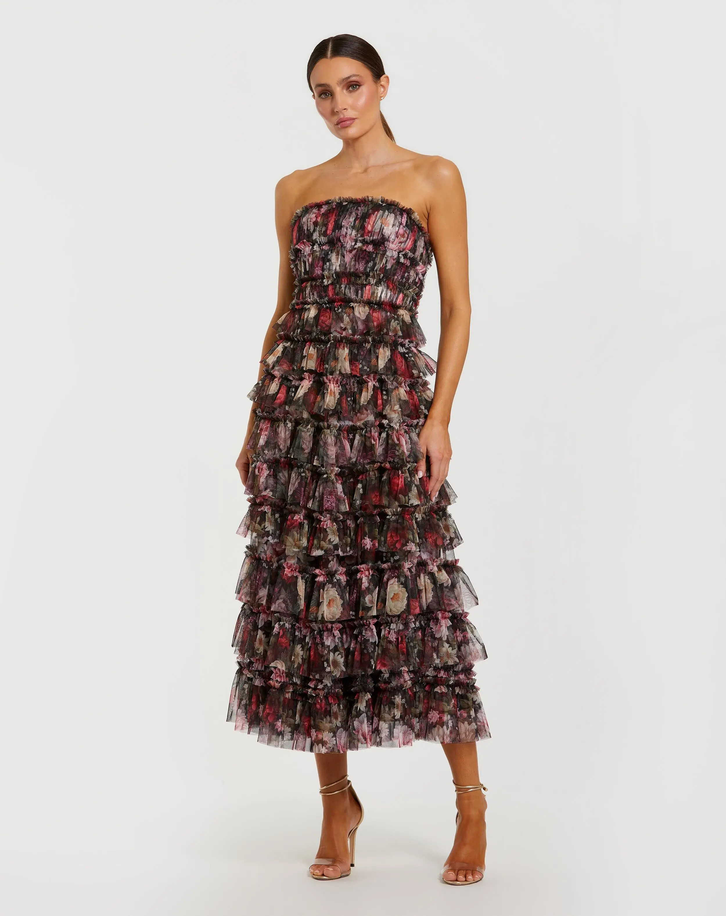 Black Multicolor Strapless Micro Ruffle A Line Midi Dress | Mac Duggal | Mac Duggal