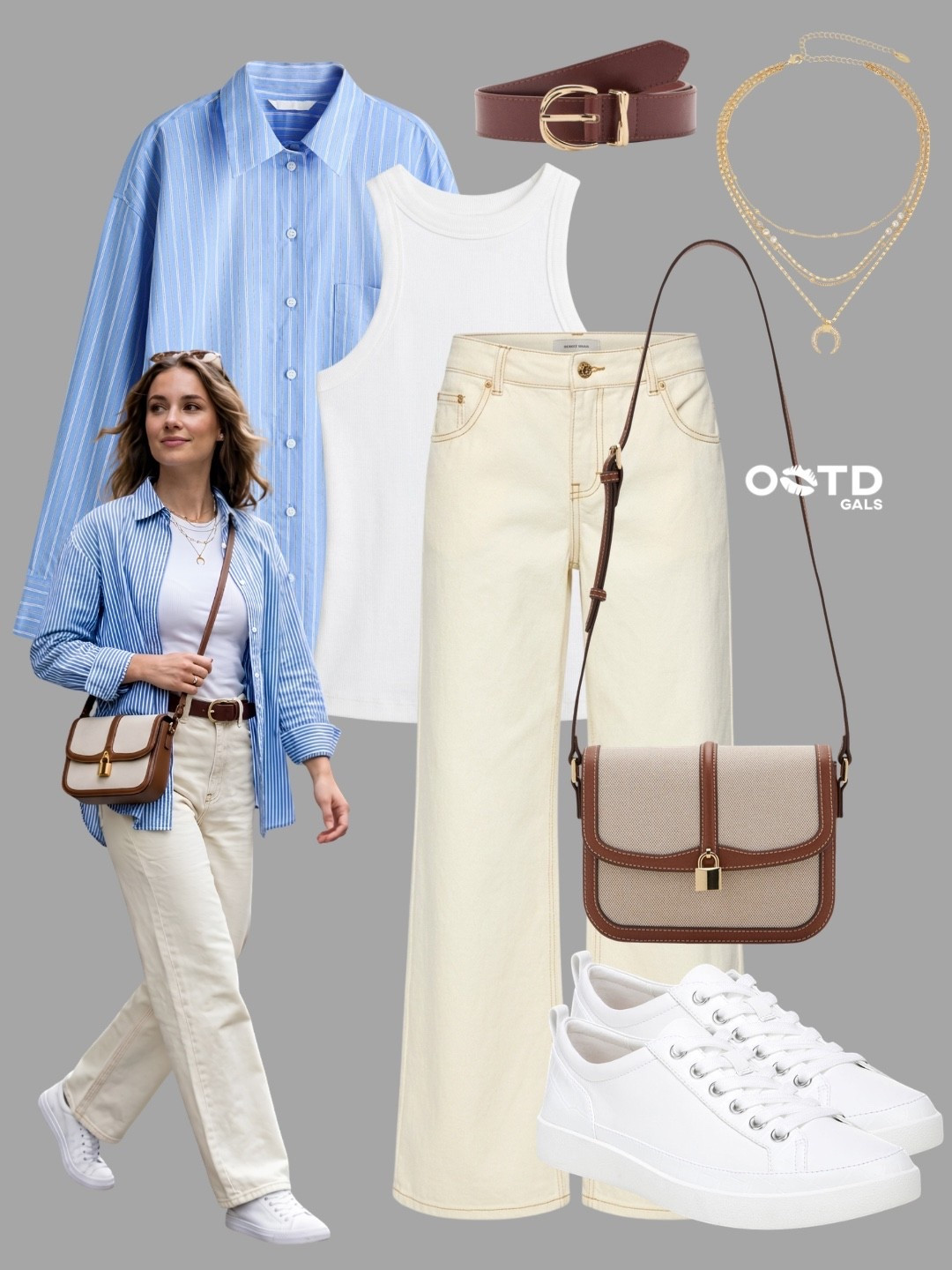 Blue stripes, creamy neutrals, and classic accessories create the perfect polished-casual outfit 🤍🩵

This look combines timeless wardrobe staples with an effortless silhouette. A relaxed striped button-down layered over a fitted white tank brings an easy, laid-back feel, while the cream wide-leg jeans keep the outfit looking clean and refined. Rich brown accents add warmth and balance to the soft color palette.

✨ Style Details:
• Oversized blue and white striped button-down shirt
• White ribbed tank top
• Cream wide-leg jeans
• Brown leather belt
• Canvas and leather crossbody bag
• Layered gold pendant necklace
• Crisp white low-top sneakers

The mix of soft blue, ivory, and warm brown tones makes this outfit versatile, fresh, and easy to wear throughout the season. Comfortable enough for everyday errands while still looking thoughtfully styled.

Perfect for coffee runs, casual office days, weekend shopping, travel days, campus wear, sightseeing, lunch dates, or everyday city outings.

#LTKfestival #LTKsummer #LTKeurope