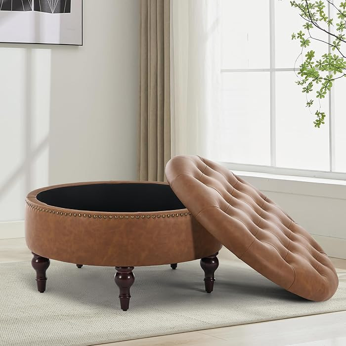 31.5" Large Round Storage Ottoman, Upholstered Tufted PU Ottoman Coffee Table, Large Footrest wit... | Amazon (US)