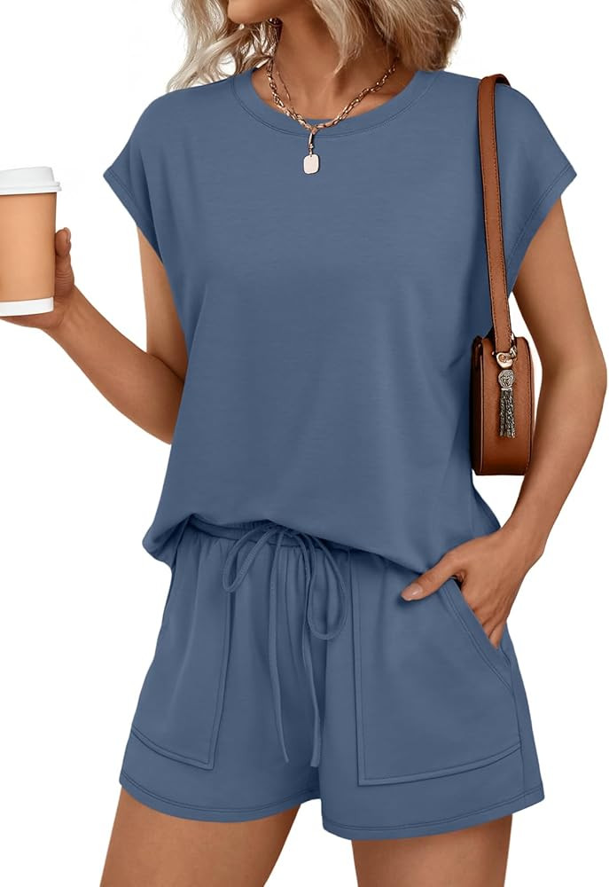 AUTOMET Womens Crew Neck Two Piece Short Sets Cap Sleeve Drawstring Summer Sweatsuit with Pocket | Amazon (US)