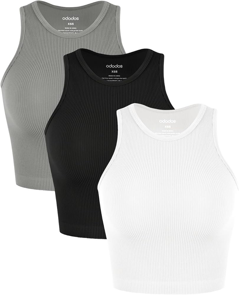 ODODOS 3-Pack Seamless Crop Tank for Women Ribbed Soft High Neck Cropped Tops | Amazon (US)