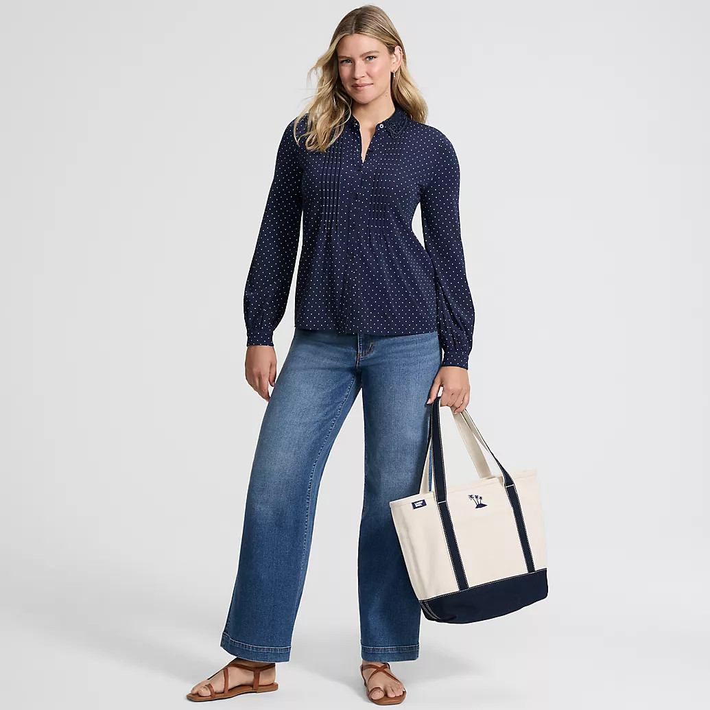 Women's Long Sleeve Lightweight Jersey Button Front Trim Collar Pintuck Blouse | Lands' End (US)
