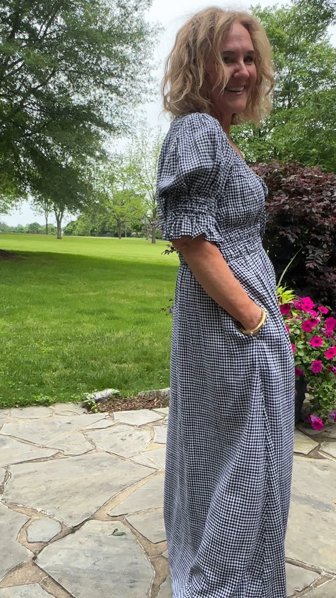 Linen blend navy gingham maxi dress by Nordstrom. I am in a medium. It has a really pretty flattering neck line, scoop neck smoking at the waist and on the sleeves. This would be a lovely dress for an outdoor wedding a backyard wedding, some sort of outdoor event as long as it isn’t too hot

#LTKOver40 #LTKWedding #LTKFindsUnder100
