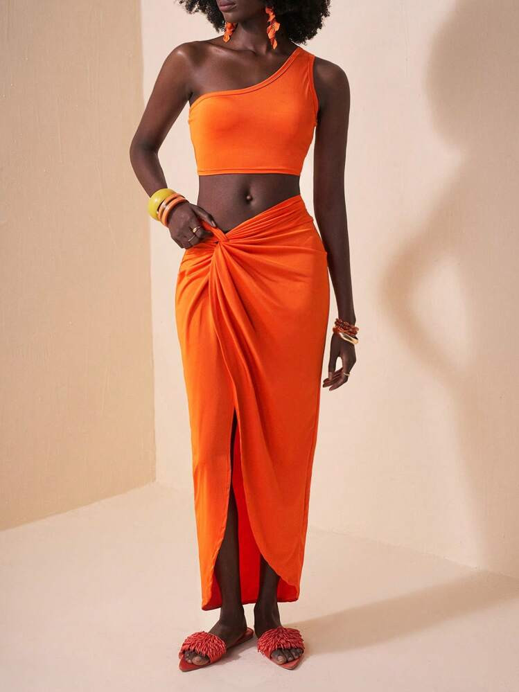 Slaydiva One Shoulder Cropped Top And Twisted High Slit Maxi Skirt Set | SHEIN